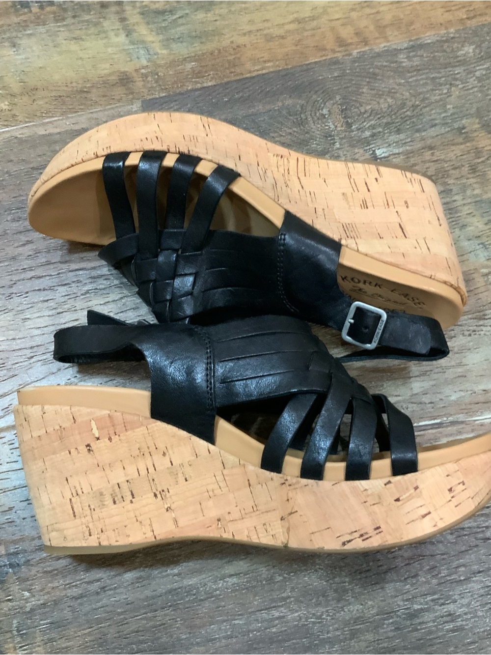 Kork-Ease Adelanto Black Leather Woven Platform Wedge Sandals Size 9